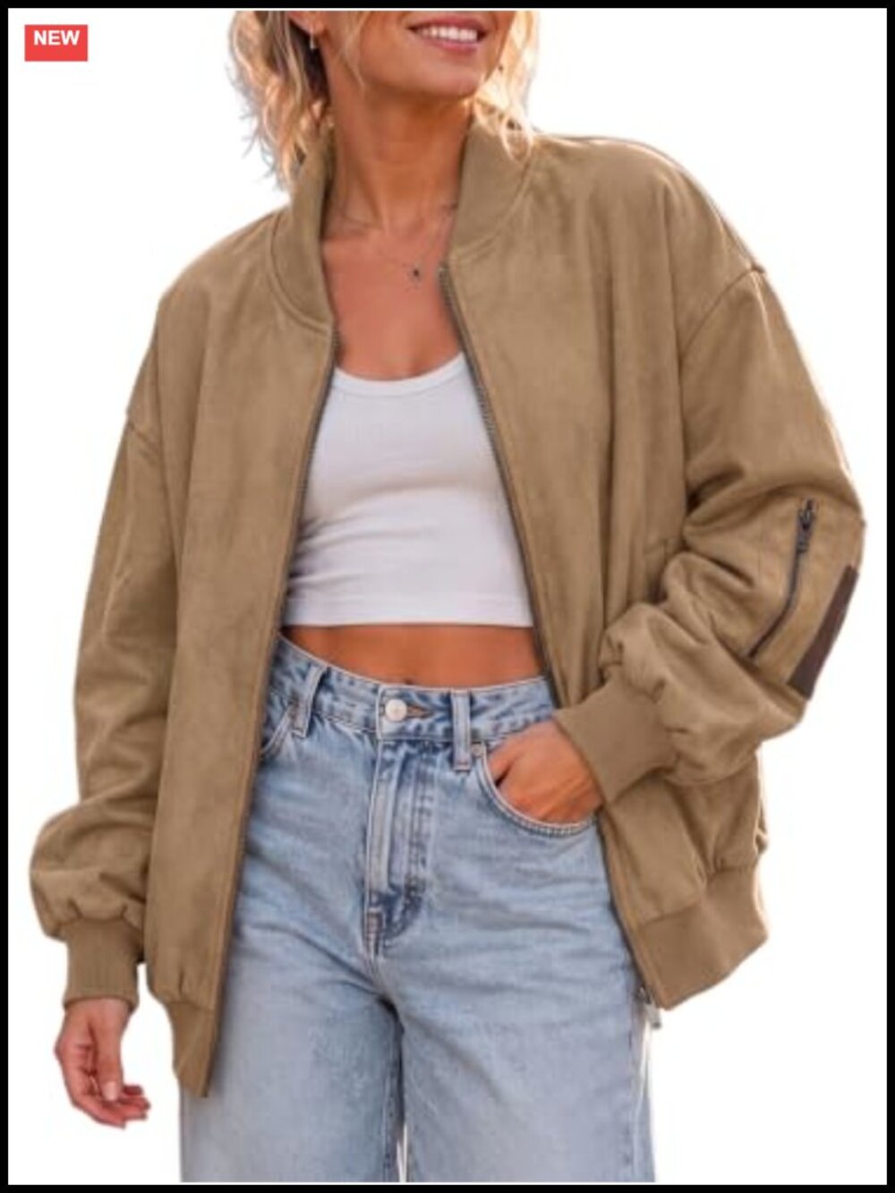 Faux Suede Bomber Jacket Womens Oversized Zip Up Casual Fall Coat